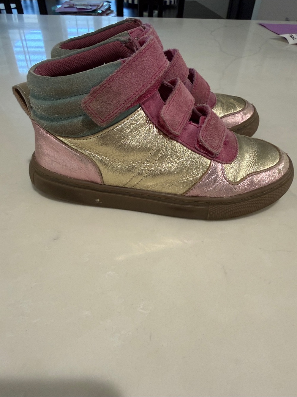 Mini Boden Metallic Gold and Pink High-Top Sneakers with Teal Trim